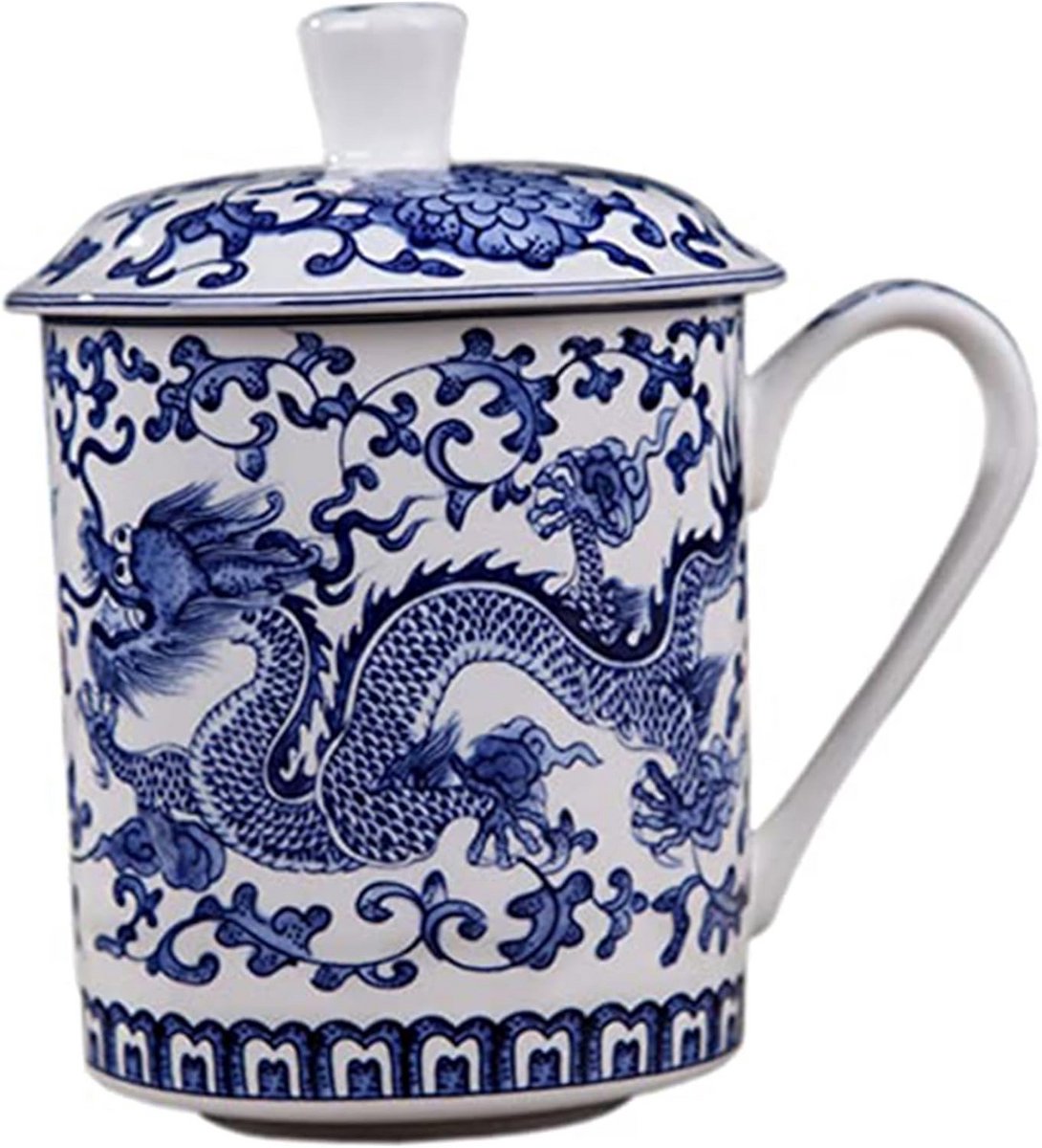 Grote Keramische Mok met Deksel voor Thee - 500 ml Blauw-Wit Design