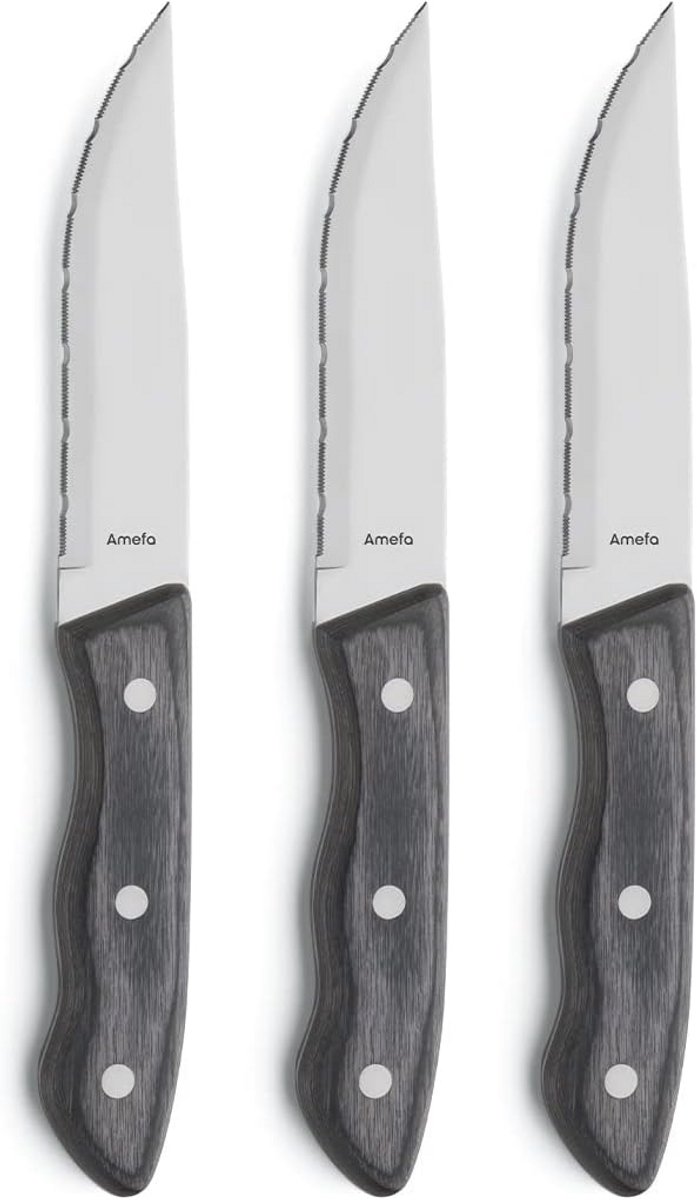 Set van 3 Steakmessen met Kartelmes en Houten Handvat