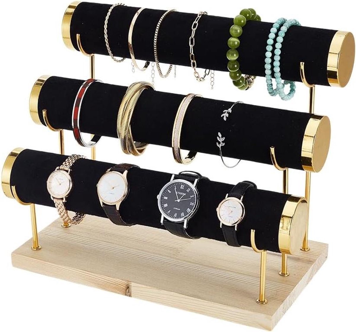 Allecto- Sieraden Display Rack - Armbanden - Houder - Gouden - Horloge Stands - Houten Base - Afneembaar - Zwarte - Fluwelen - Geschikt voor Armbanden Horloges - Opslag Trade Shows