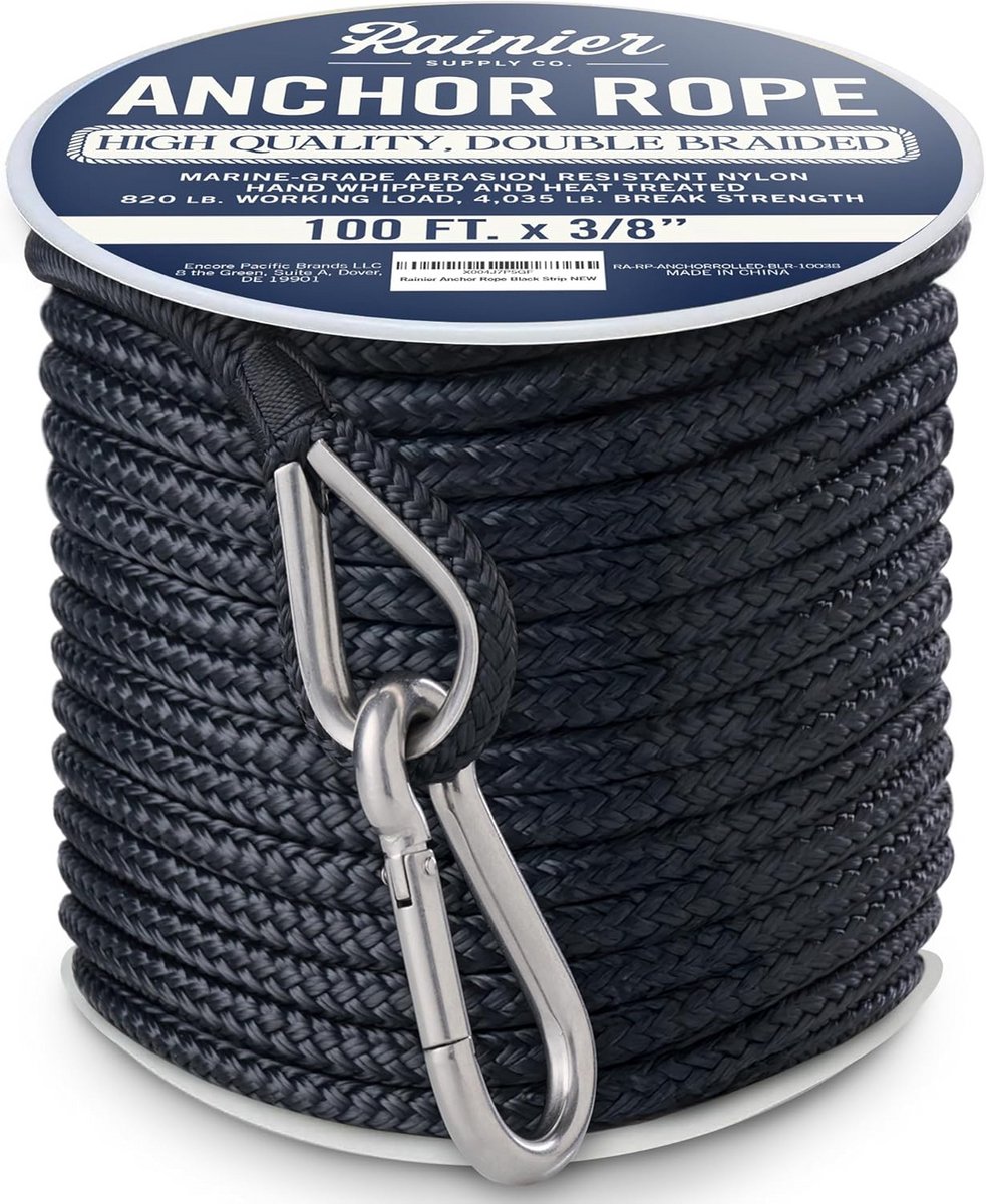Dubbel Gevlochten Nylon Ankerlijn - 10mm x 30m Bootanker Touw met RVS Oog en Karabijnhaak