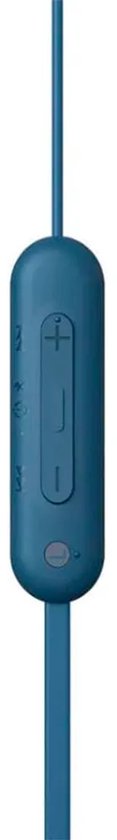 Blauwe control unit met volume- en afspeelknoppen op de kabel.