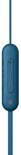 Blauwe control unit met volume- en afspeelknoppen op de kabel.