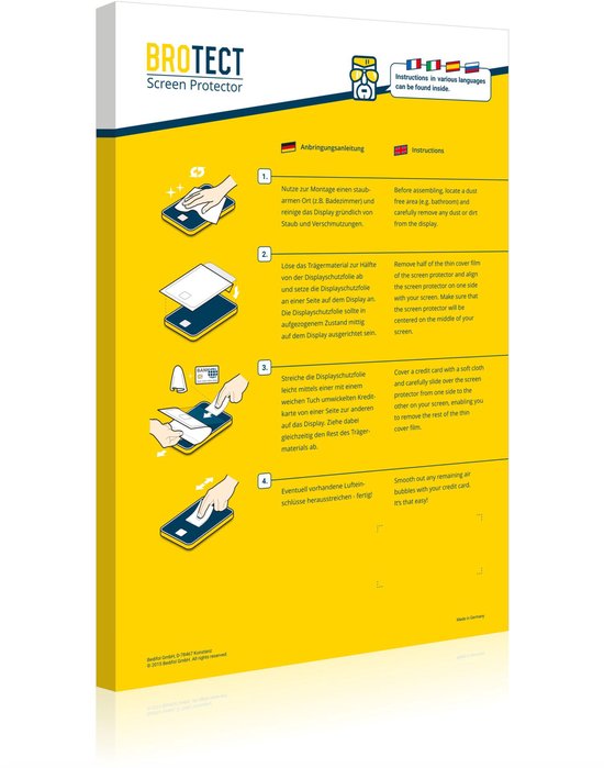 Emballage de protecteur d'écran BROTECT avec instructions illustrées et textuelles. Description de l'application du film. Avec drapeaux allemand et anglais.