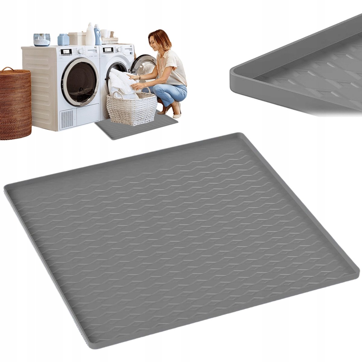 Wasmachine Mat - Anti-lek Mat voor Wasmachine & Koelkast - Vloerbeschermmat - Grijs Silicone 60x60cm - Verhoogde Rand & Antislip