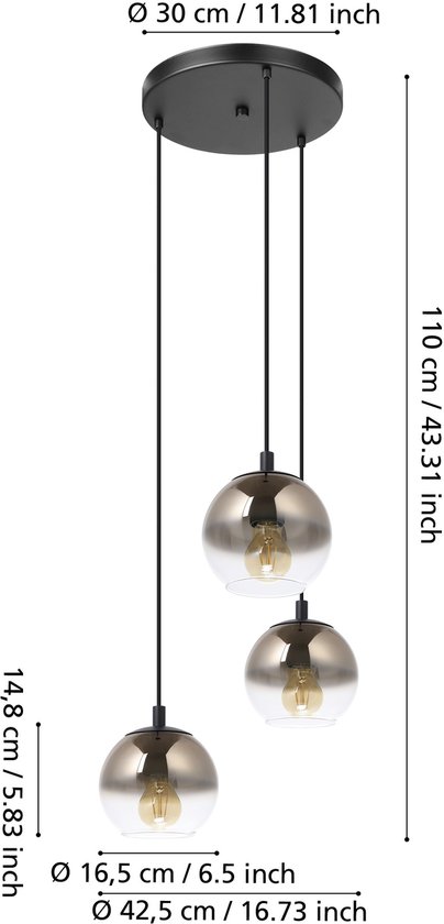 Suspension avec trois sphères rondes en verre coloré sur des cordons noirs, fixées à une plaque de plafond ronde noire. Diamètre de la plaque de plafond 30 cm.