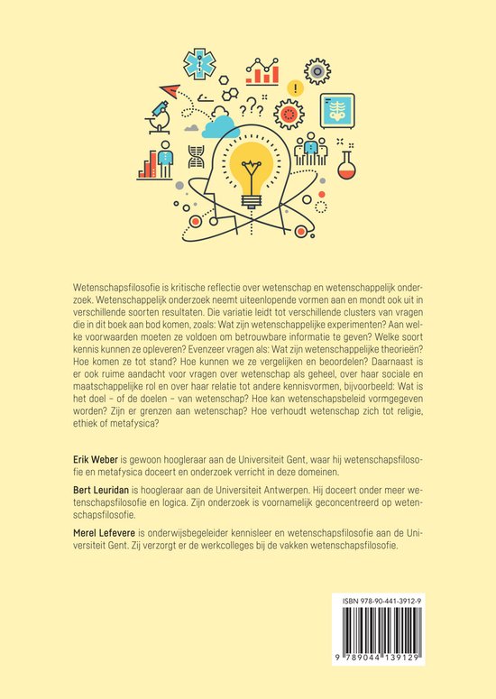 Boekomslag met illustraties van wetenschapssymbolen rond een gloeilamp en tekst: Wetenschap: wat, hoe en waarom? Systematische inleiding tot de wetenschapsfilosofie.