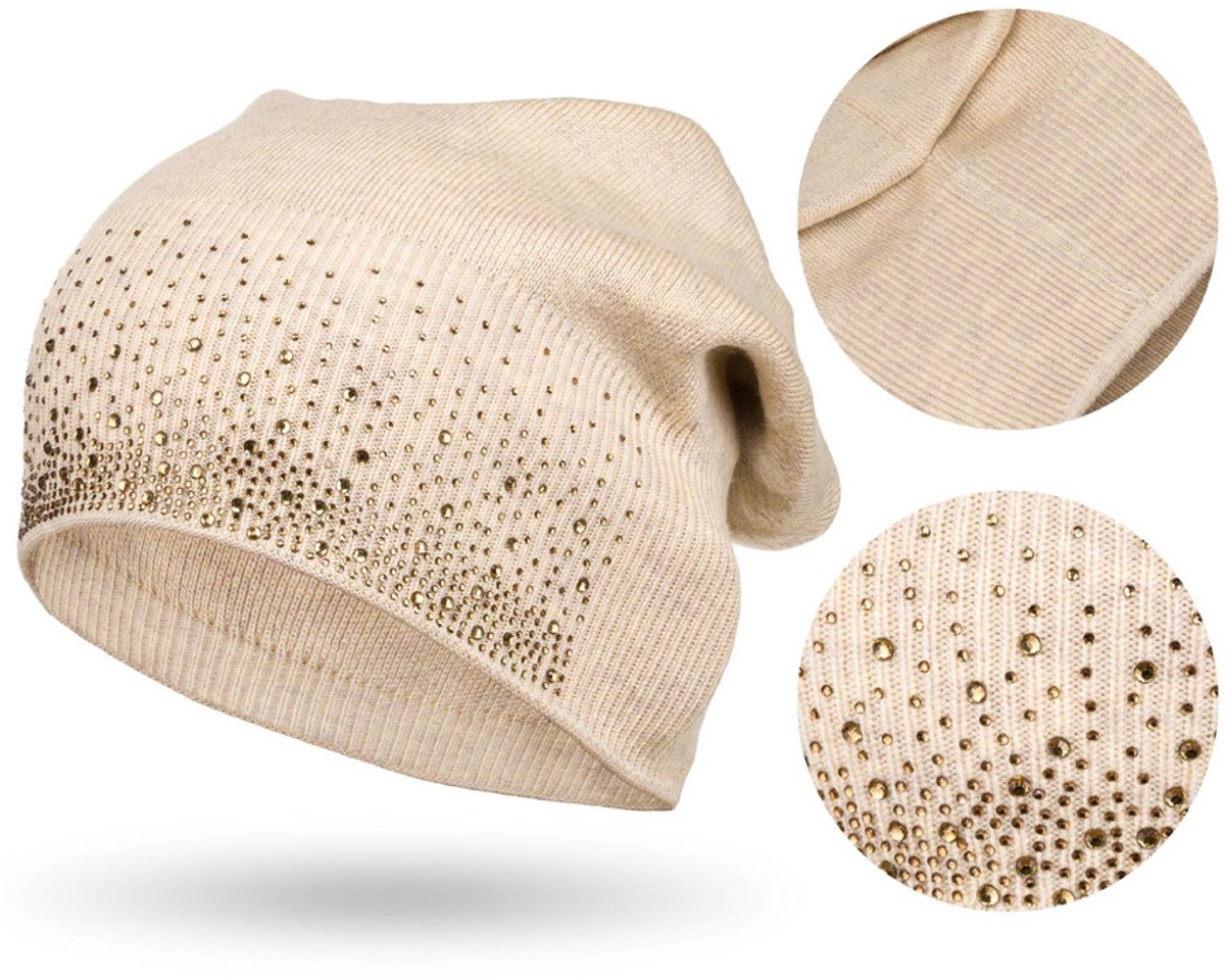 Peterson - Beanie met Kristallen - Beige - Slouchy - Zachte Stof