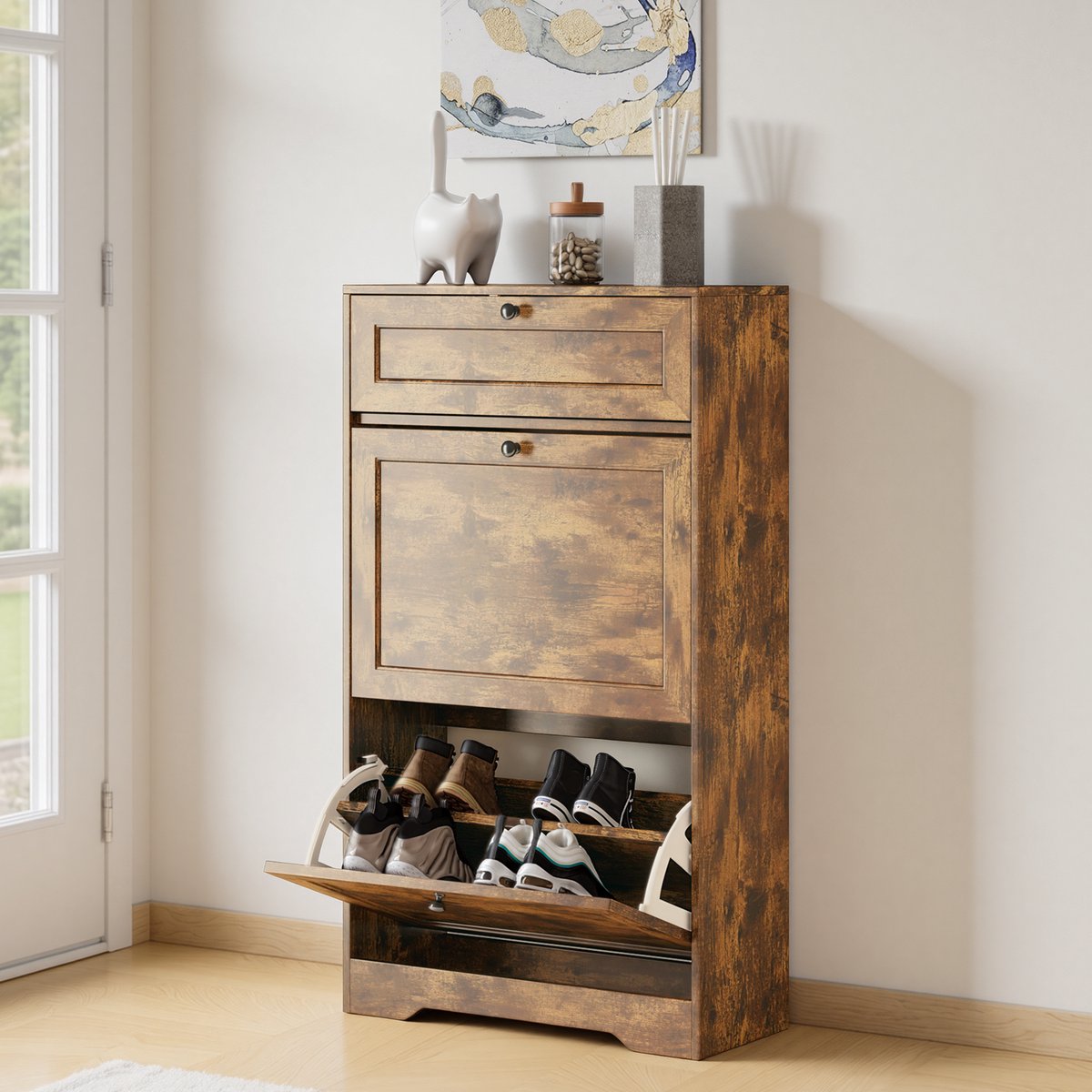 Xbro Schoenenkast met 2 Klapdeuren en 1 Lades – Dubbele Diepte – Modern Schoenenrek met Bovenplank – Voor Hal & Slaapkamer – 60 x 24 x 102 cm – Retro
