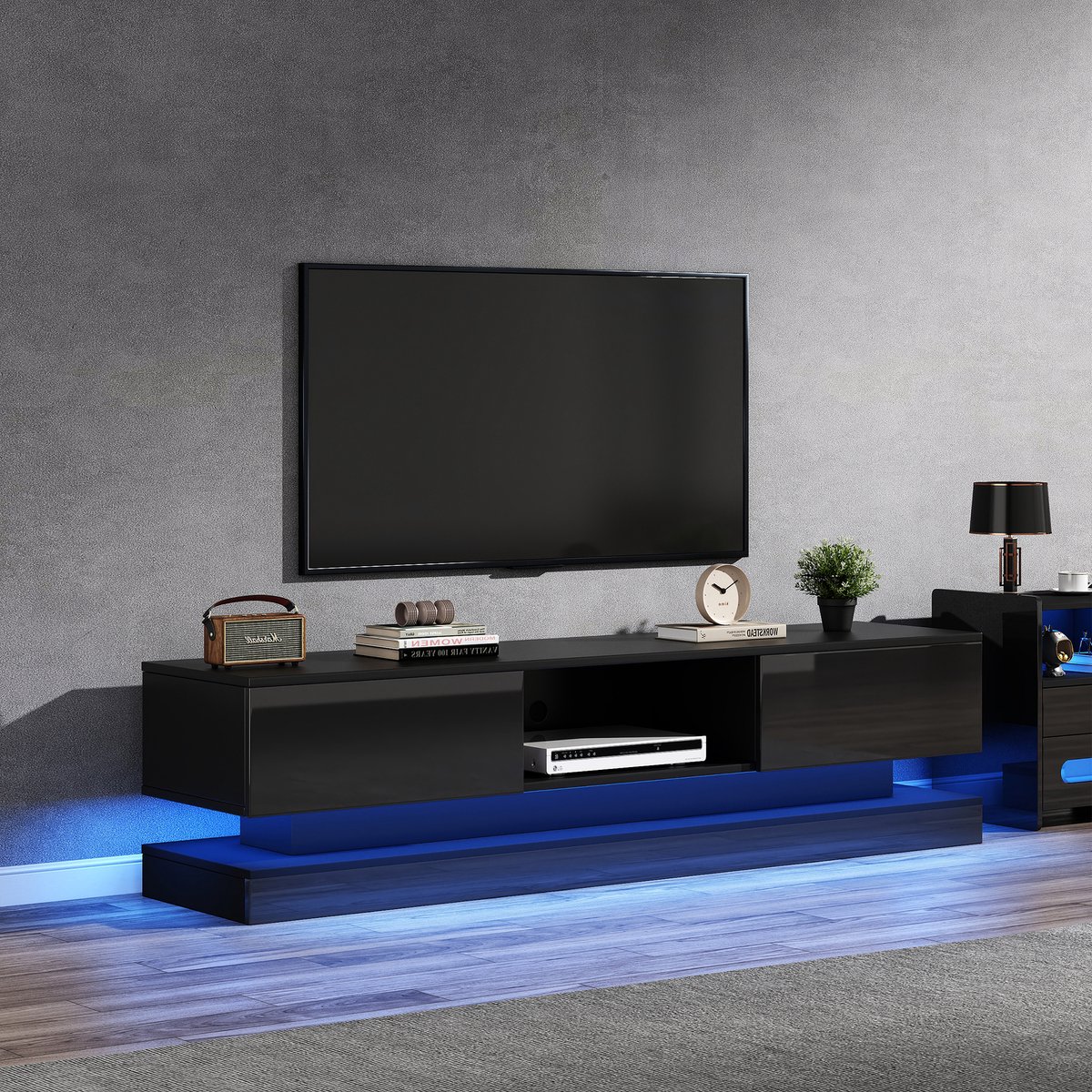 FloraGrace Tv Meubel - Hoogglans Met Ledverlichting En Appbediening - 2 Lades Met Kabelbeheer - Spaanplaat Zwart - 160x35x40,5 Cm