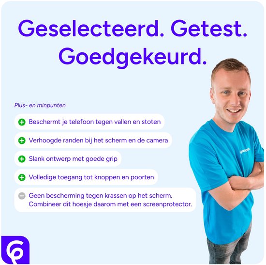 Homme en t-shirt bleu avec texte sur les avantages et inconvénients d'une coque de téléphone, protection et design fin.