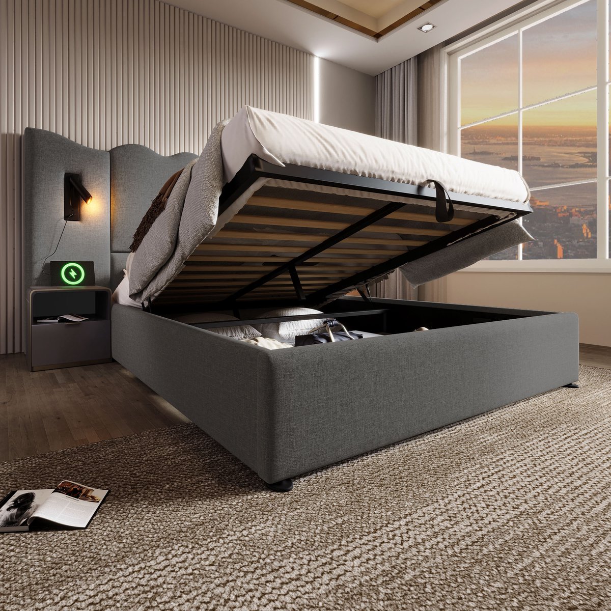 Wishdor Opbergbed 160x200 cm – Golvend Hoofdbord & Leeslamp – USB/Type-C & Hydraulische Li