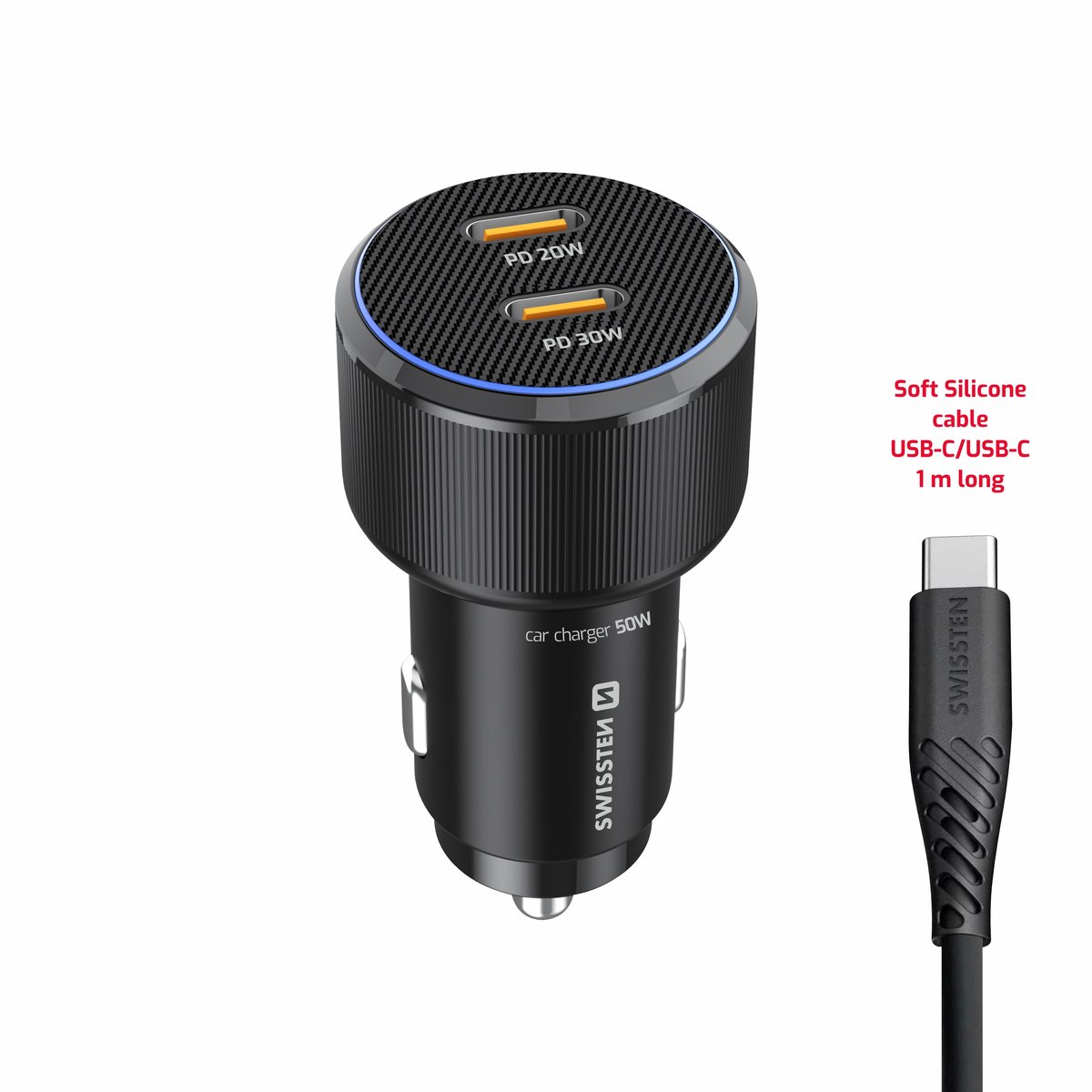 Swissten dual USB-C autolader 50W inclusief USB-C-kabel – zwart