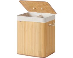 Dubbele compartiment wasmand opvouwbare opbergmand, 50x40x61cm naturel, 120L grote capaciteit, met deksel tegen stof en geurtjes, met afneembare en machinewasbare waszak en handgrepen, geschikt voor badkamer, slaapkamer of wasruimte