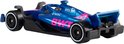 Blauwe Formule 1 auto met roze accenten en BWT logo.
