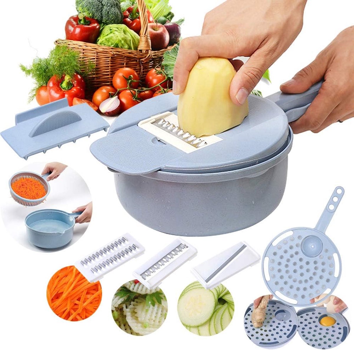JeiibrZui 9-In-1 Multifunctionele Groentesnijder - Eierscheider - Snijmachine Voor Fruit En Groenten - 9 Delig - Keukenhulp - Blauw