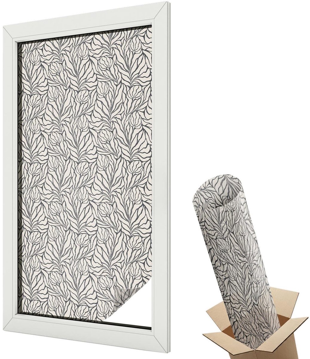 Wallfluent Glas in Lood Raamfolie - Bladeren bloemen Glas in Lood Folie - 50x100 cm - Beige Plakfolie Raam Glas in Lood - Decoratieve Plakfolie Glas in Lood - Voor de woonkamer, voor het kantoor, voor de hal - Glas in Lood Folie voor Raam