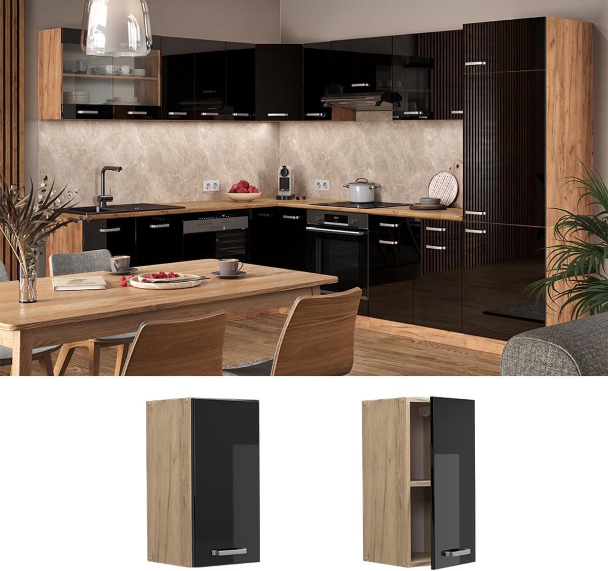 Keukenkast Hangend 30 cm Hoogglans Zwart & Gouden Eiken Look - Modulair Systeem