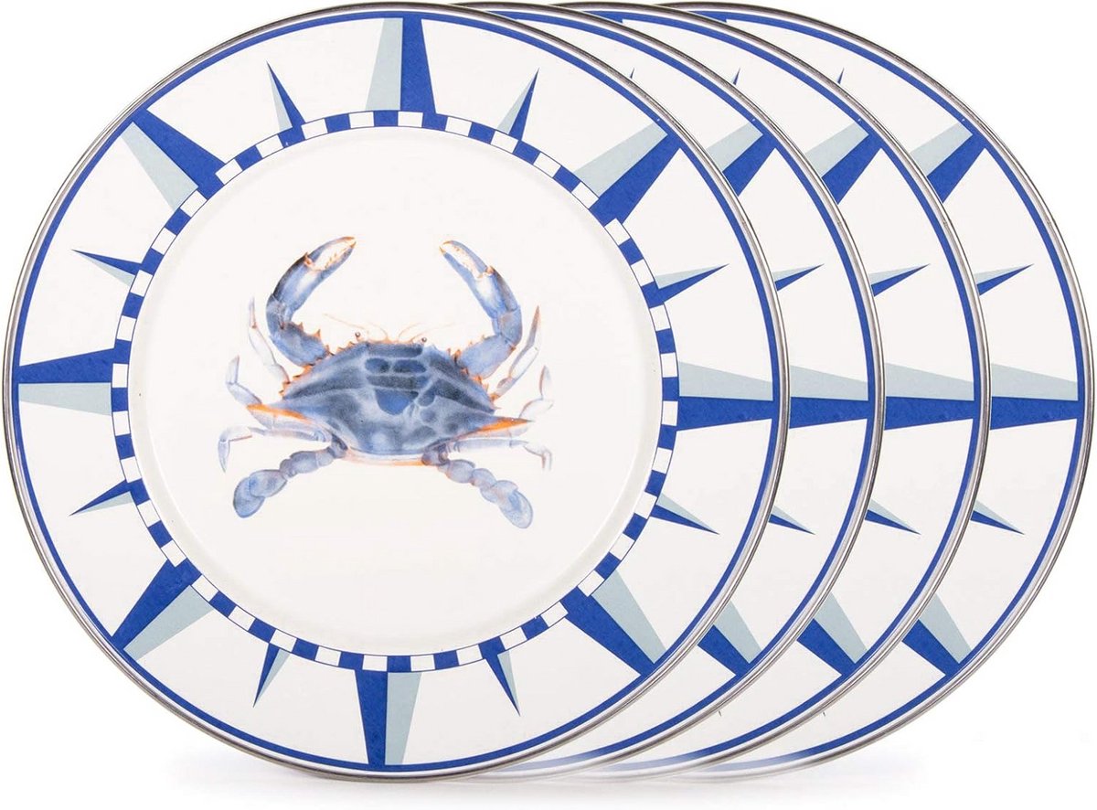 Set van 4 Dinerborden met Blauwe Krab Patroon - Emaille Serveerschalen