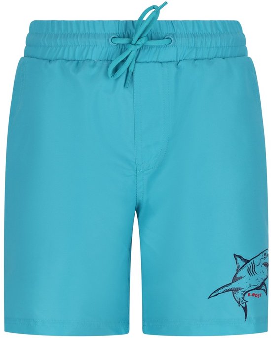 Turquoise zwembroek met zwart haaiendetail op de rechterpijp en trekkoord.