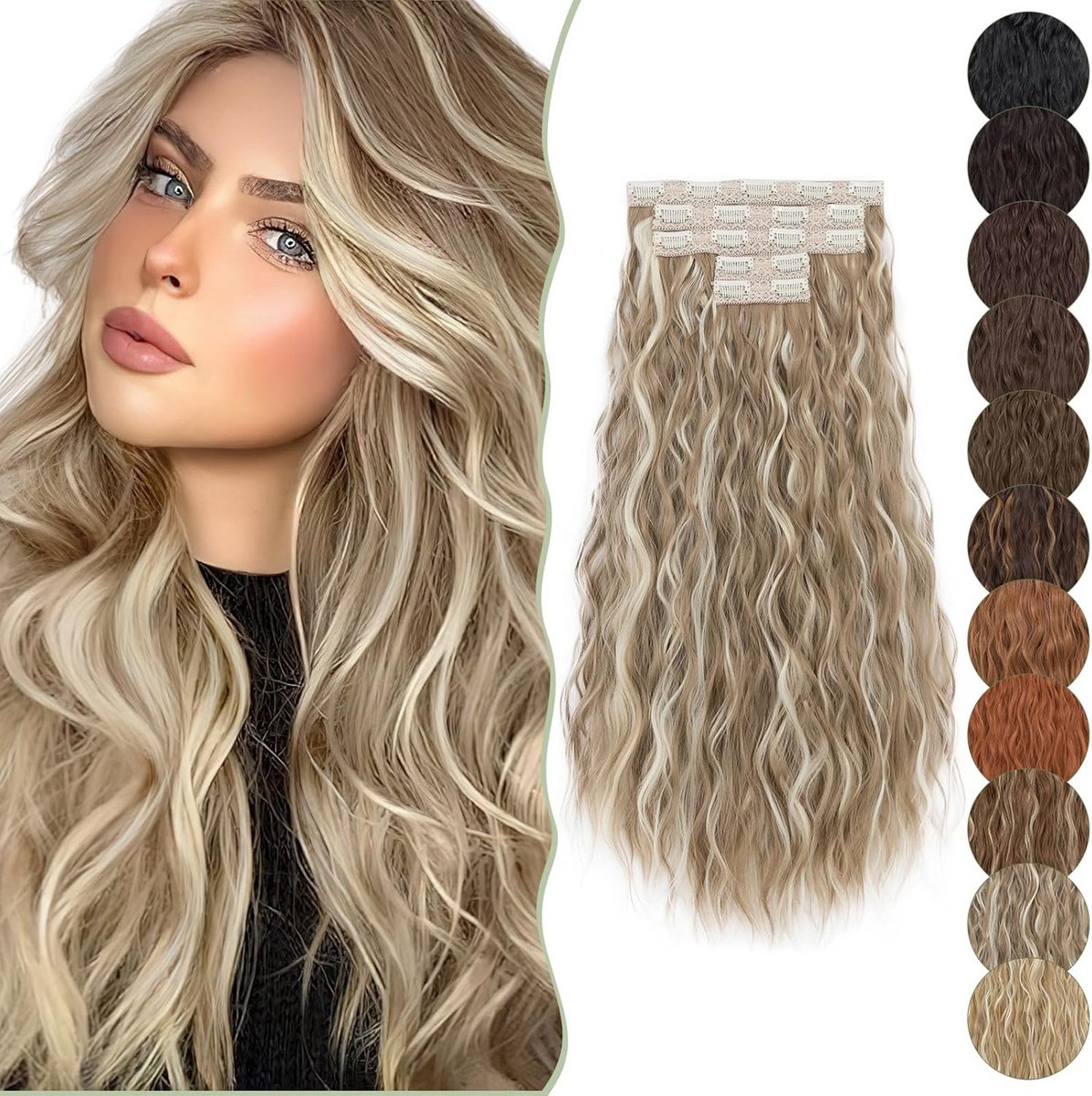 Clip-in Extensions 60 cm Krullend Golvend Haar - Volle Set 250g Asblond met Highlights