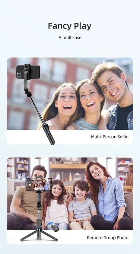 Groep van drie vrouwen en twee mannen maken een selfie met een selfie-stick en een familie maakt een groepsfoto met een statief.