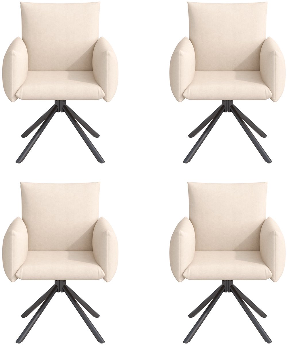 Merax Set van 4 Draaibare Eetkamerstoelen met Armleuningen – Velvet/Fluweel – 360° Draaistoel – Zwarte Metalen Poten – Ergonomisch met Lendensteun – Beige