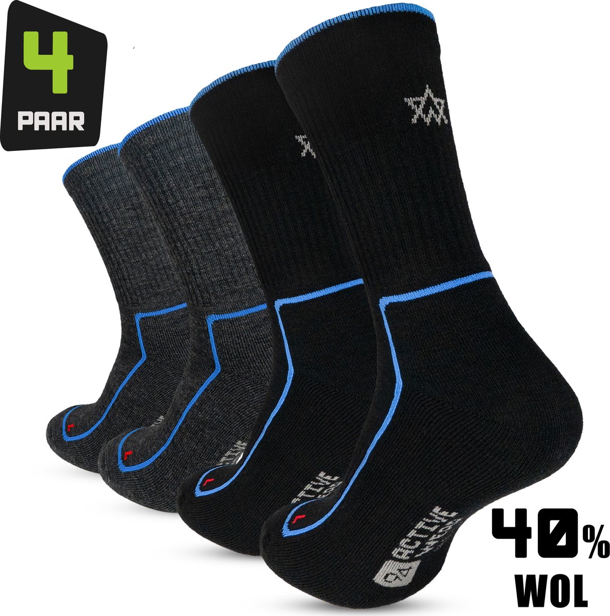 Premium Thermosokken Heren Merino Wol 4-paar Wollen Sokken Warme Sokken – Dikke Wintersokken 40% Merino Wol Europese Kwaliteit 94Activewear Zwart