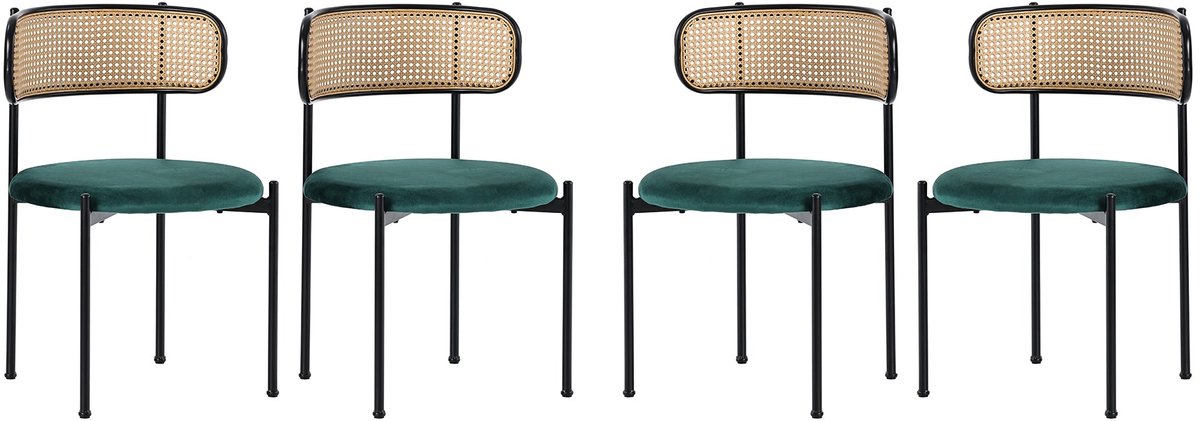 Merax Set Van 4 Eetkamerstoelen Met Rotan Rugleuning En Fluwelen Zitting – Ronde Zitting – Metalen Poten – Groen – Draaggewicht 150 Kg