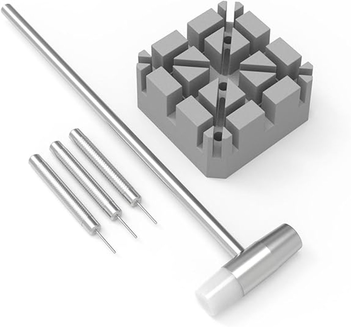 Daity Een set gereedschap voor het verwijderen van horlogebandjes, inclusief een gereedschap voor het verstellen van horlogebandjes (met reparatiebeugel), een dubbelzijdige hamer en drie gestempelde pinnen (0,8-0,9-1,0 mm) (zilverkleurig).