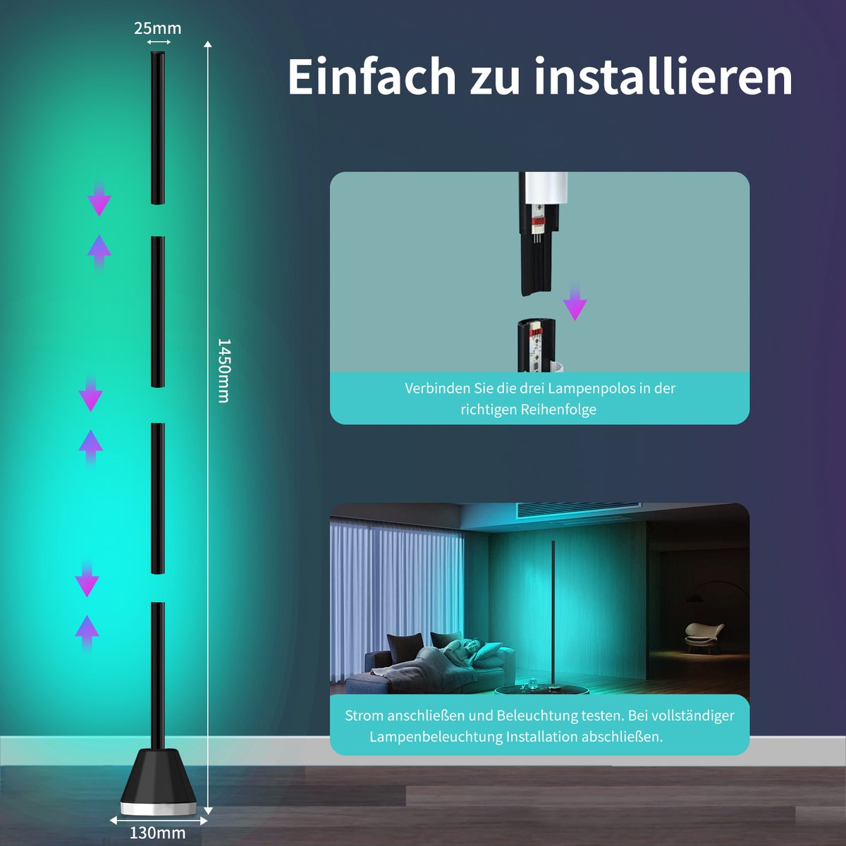 RAYOFI LED-vloerlamp -145 cm-LED vloerlamp dimbaar RGBIC - Vloerverlichting - Wit licht/meerkleurige sfeerverlichting - Ondersteunt bediening via app en afstandsbediening - Creëert de perfecte sfeer voor slaapkamers, woonkamers en speelkamers thumbnail 4