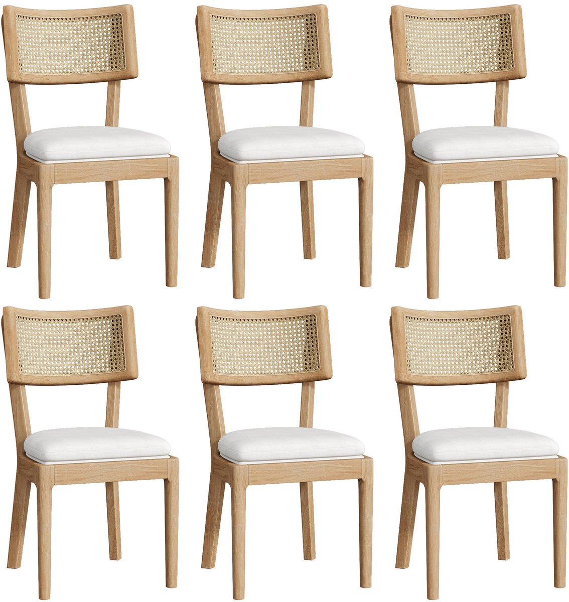 Merax Eetkamerstoelen Set van 6 - Massief Hout met Rattan Rugleuning - Met Linnen Zitkussen - Moderne Houten Stoelen - Voor Eetkamer/Woonkamer/Café - Houtkleur