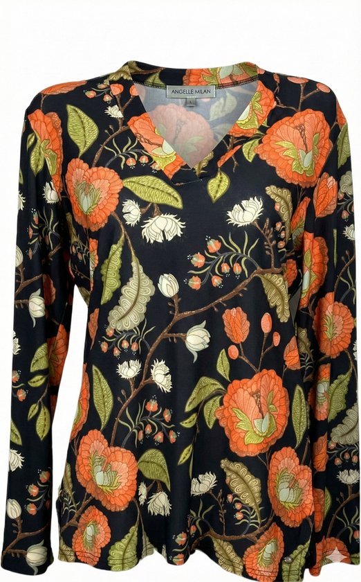 Angelle Milan - 1691 Dames Blouse - Zwart Oranje - Kreukvrij
