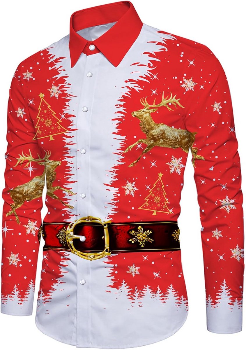 Grappig Kerstshirt met 3D Print voor Heren Lange Mouwen Slim Fit