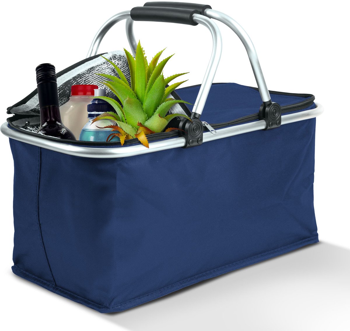 Thermo Opvouwbare Picknickmand Met Koelvoering – Blauw – 49 × 28 × 25 cm – 21 Liter – Geïsoleerde Boodschappenmand Met Ritssluiting En Zachte Handgrepen [11549D]