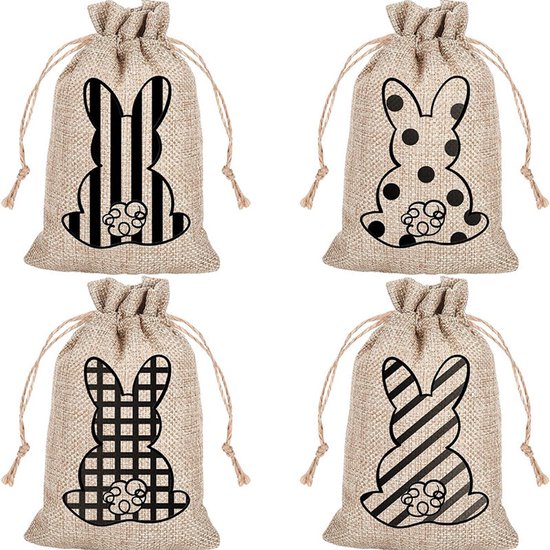 4 Stuks Paaskonijn Jute Zakken - Verschillende Patronen - Snoepzakken & Cadeauzakken 15x20cm