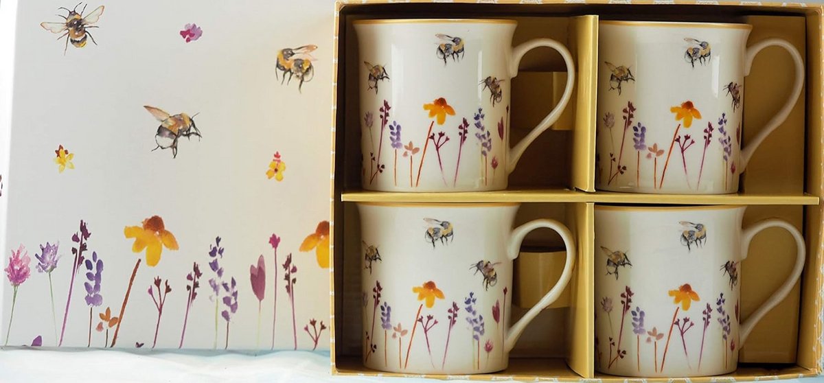 Set van 4 Koffiemokken met Bijenprint - Waterverf Stijl Theemokken