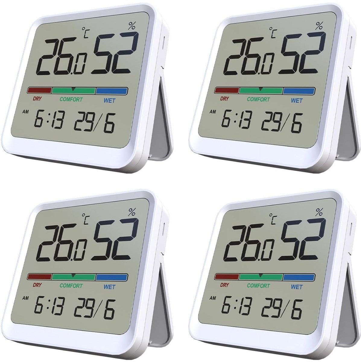 Hygrometer Thermometer Binnen 4-Pack: Digitale Vochtigheidsmeter met Tijd en Datum