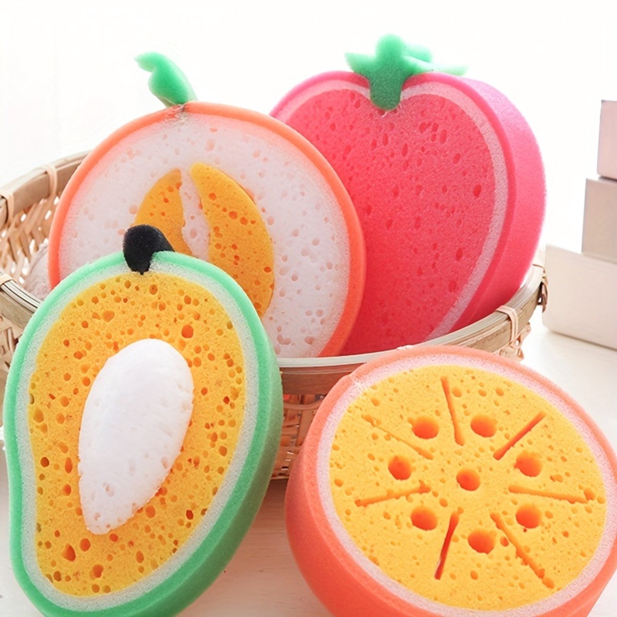 4-delige verdikte spons schuurspons met fruitmotief, multifunctionele afwasspons
