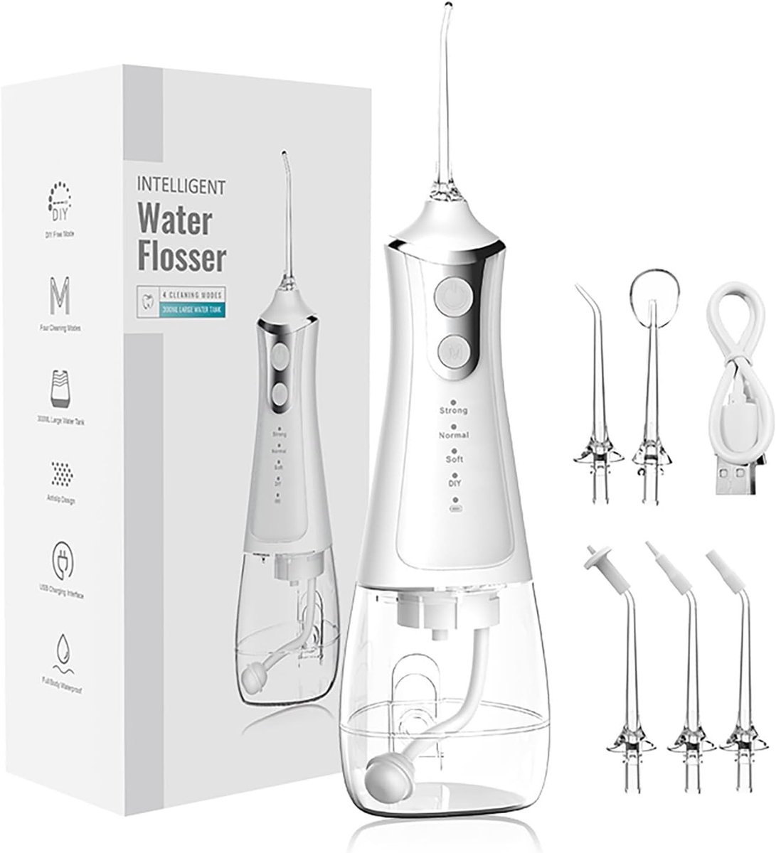 Professionele Oplaadbare Monddouche - 5 Mondstukken 4 Modussen Waterflosser - voor Beugelverzorging Thuis & Reizen - Wit - 1 Stuk