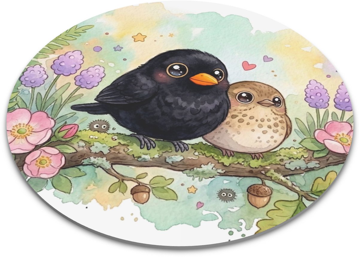 Lieve Merels Muismat met Twee Vogeltjes & Eikeltjes - Kawaii Series Ronde Muismat voor haar: Dochter, Vrouw & Vriendin - Schattig Dieren Duo Bureau Accessoire voor Kantoor & Thuiswerkplek - Pastelkleurige Lente Print