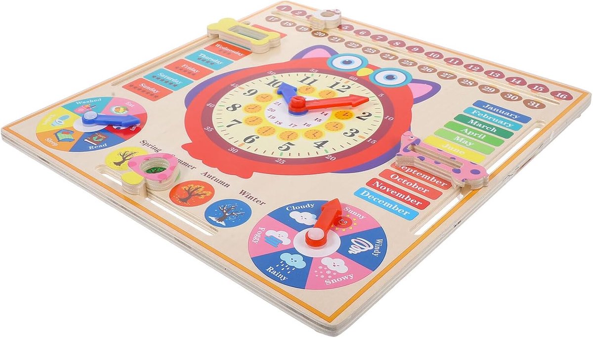 Houten Uil Klok - Educatief Speelgoed - Tijd Leren - Veilig Geslepen Hoeken - 29.80X29.80X2.00CM - Multicolor