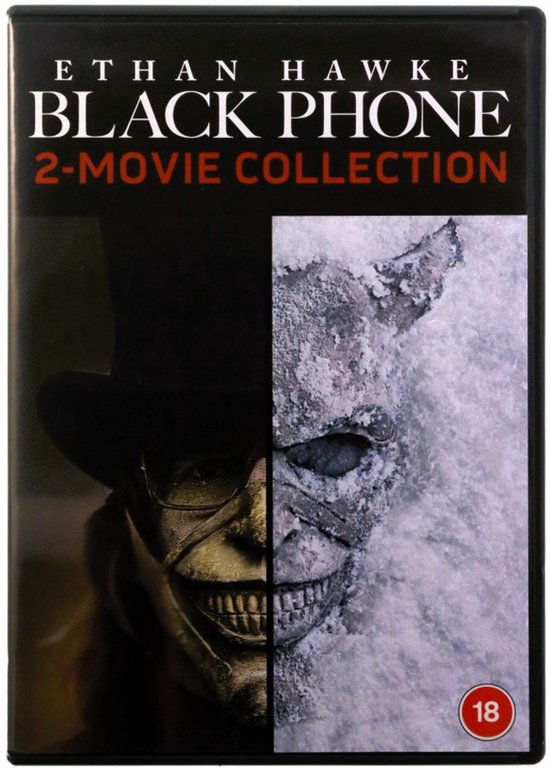 DVD hoes voor 'Black Phone 2-Movie Collection'. Links Ethan Hawke met hoge hoed, rechts een griezelig, bevroren masker.