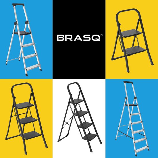Collage van verschillende BRASQ trappen in verschillende kleuren en maten.