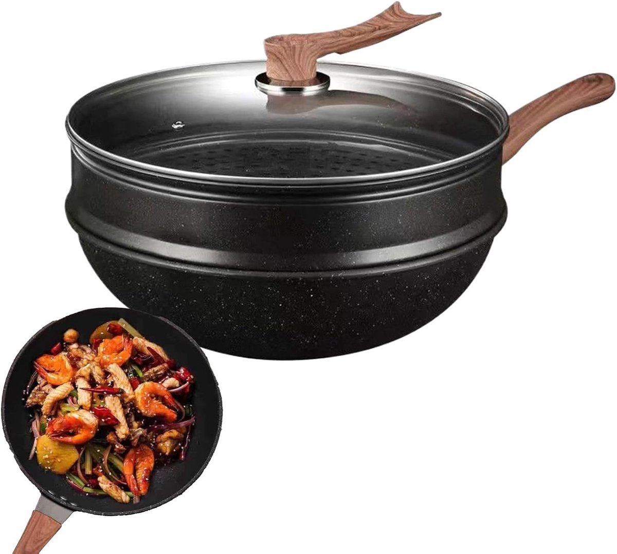 Wokpan met deksel Antiaanbakpan koekenpan Snel koken Veelzijdige kooktechnieken 30 cm diameter