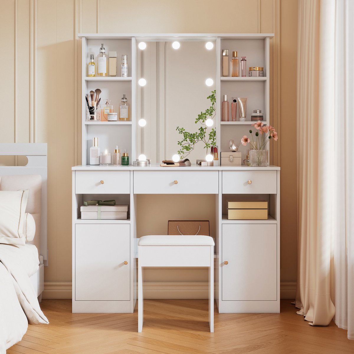 Wishdor - Kaptafel - Met Verstelbare Ledverlichting En Spiegel - Met Kruk - 3 Laden En 2 Deuren - Wit - 110 X 40 X 151 Cm