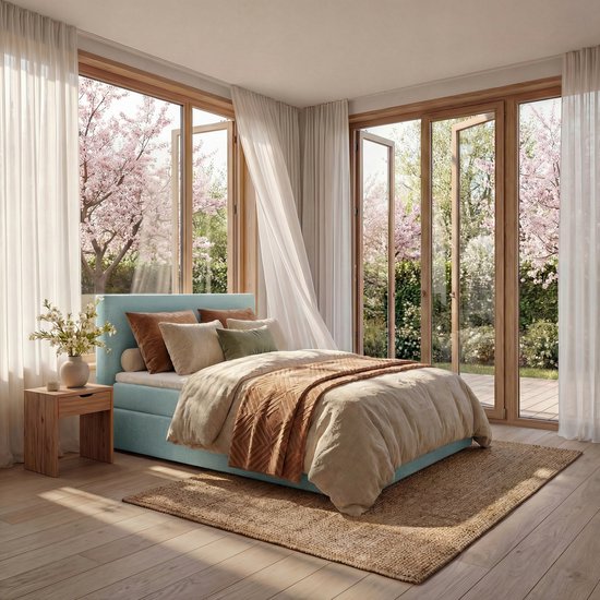 Mörgenn Boxspring Lounge - Pocketvering - Luxe Topper - Lichtblauw - 140x200 cm - Inclusief Dekbed en Kussens