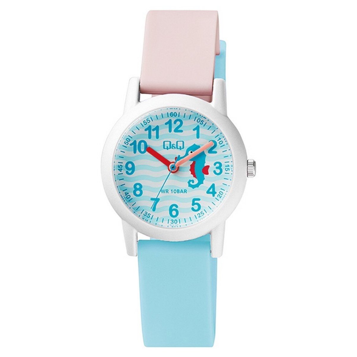 QQ VS49J001Y - Horloge - Analoog - Kinderen - Unisex - Plastic band - Rond - Cijfers - Kunststof - Zeepaardje -Sport - Lichtblauw - Roze - Wit - 10 ATM