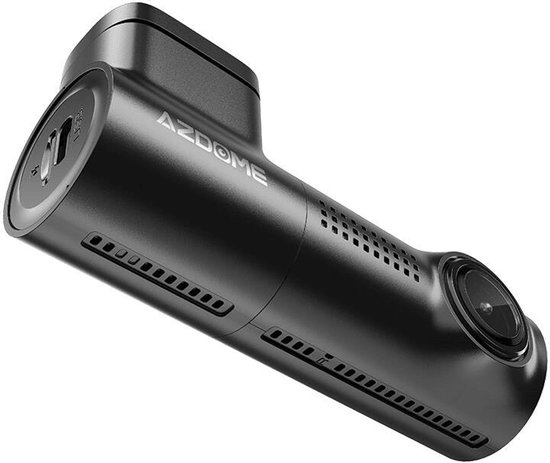 Zwarte AZDome dashcam, zijaanzicht, met ventilatieopeningen aan de zijkant en logo.
