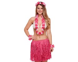 Henbrandt - 5-DELIGE VOLWASSENEN HAWAI SET - Bestaande uit: Hawai Rokje / Hawaïkrans / 2x Hawaii Armbanden - 1x Hawaii Hoofdband - Hawaii kostuum - Carnavalskleding - Verkleedkleding - Strandfeest - Vrouw - Maat: ONE SIZE FITTS ALL - Kleur: Roze