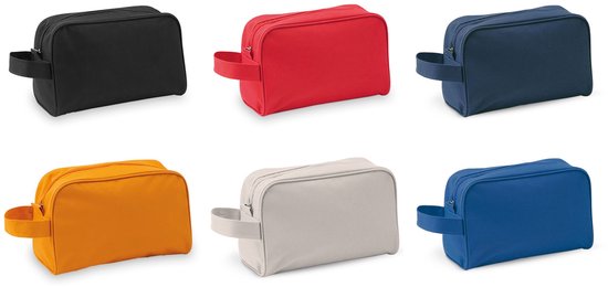 Zes toilettassen in verschillende kleuren: zwart, rood, donkerblauw, oranje, crème en blauw.